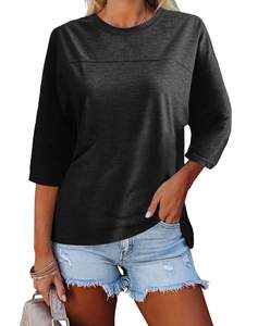 T-shirt décontracté à manches 3/4 pour femmes, plusieurs couleurs, col rond, chemisier uni rayé, doux et confortable, pour un usage quotidien - Product Image 1