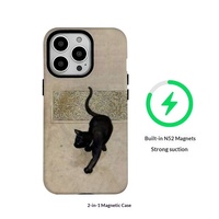 Film magnétique 2-en-1 motif chat noir de dessin animé amusant pour coque de téléphone portable 16 Pro, compatible 15/14/13/12, coque souple/duro