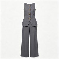 Ensemble élégant pour femme, deux pièces, couleur unie, sans manches, veste boutonnée tissée, pantalon large à taille haute, pour le bureau et les loisirs