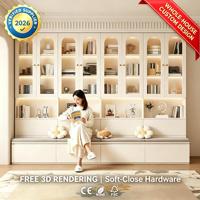 Mueble de Pared para Sala de Estar de Lujo, Estilo Cream, con Vitrina de Vidrio Estriado Arqueado, Almacenamiento Integrado y Banco