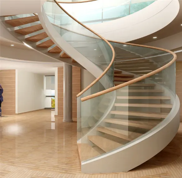 High Quality Prefab Indoor Curved Staircase Oak Wooden Staircase with Glass Railing Design China Staircase Manufacturers