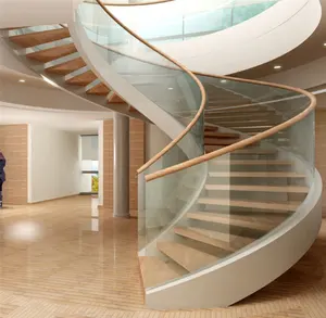 عالية الجودة الجاهزة داخلي منحني الدرج خشب البلوط الدرج مع درابزين مصنوع من الزجاج تصميم الصين الدرج مصنعين
