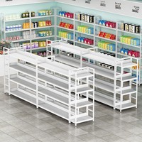 Étagères de supermarché, présentoirs multi-niveaux en acier et bois, tables îlots, comptoirs de snacks pour magasins de proximité