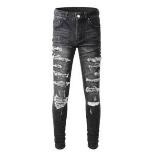 Produttore di <span class=keywords><strong>Jeans</strong></span> Personalizzati, <span class=keywords><strong>Jeans</strong></span> Streetwear, <span class=keywords><strong>Jeans</strong></span> Slim Strappati Grigi con Patch e Bandana per Uomo, Stile Hip Hop - Product Image 1