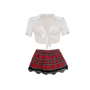 Schulmädchen-Kostümset mit Tartan-Knoten vorne und Spitzenbesatz, Damen-Unterwäsche mit tiefem V-Ausschnitt und kurzen Ärmeln, sexy Cosplay-Schülerinnenuniform - Product Image 6
