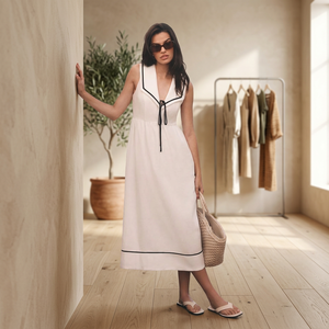 Robe longue en coton tissé brodée florale, col licou, sans manches, dos nu, coupe trapèze, style bohème décontracté pour soirée et vacances - Product Image 3