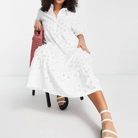 Robe personnalisée pour femme mignonne, col ouvert, manches courtes, broderie décontractée, robe chemise midi grande taille femme