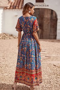 2023 donna Casual estate Boho stampa floreale abito scollo a V manica corta vita alta lunghi Maxi abiti da spiaggia - Product Image 3
