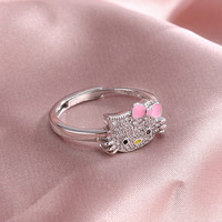 LUOXIN Bague ouverte chat avec nœud mignon Bague Hello Kitty en cristal plaqué argent