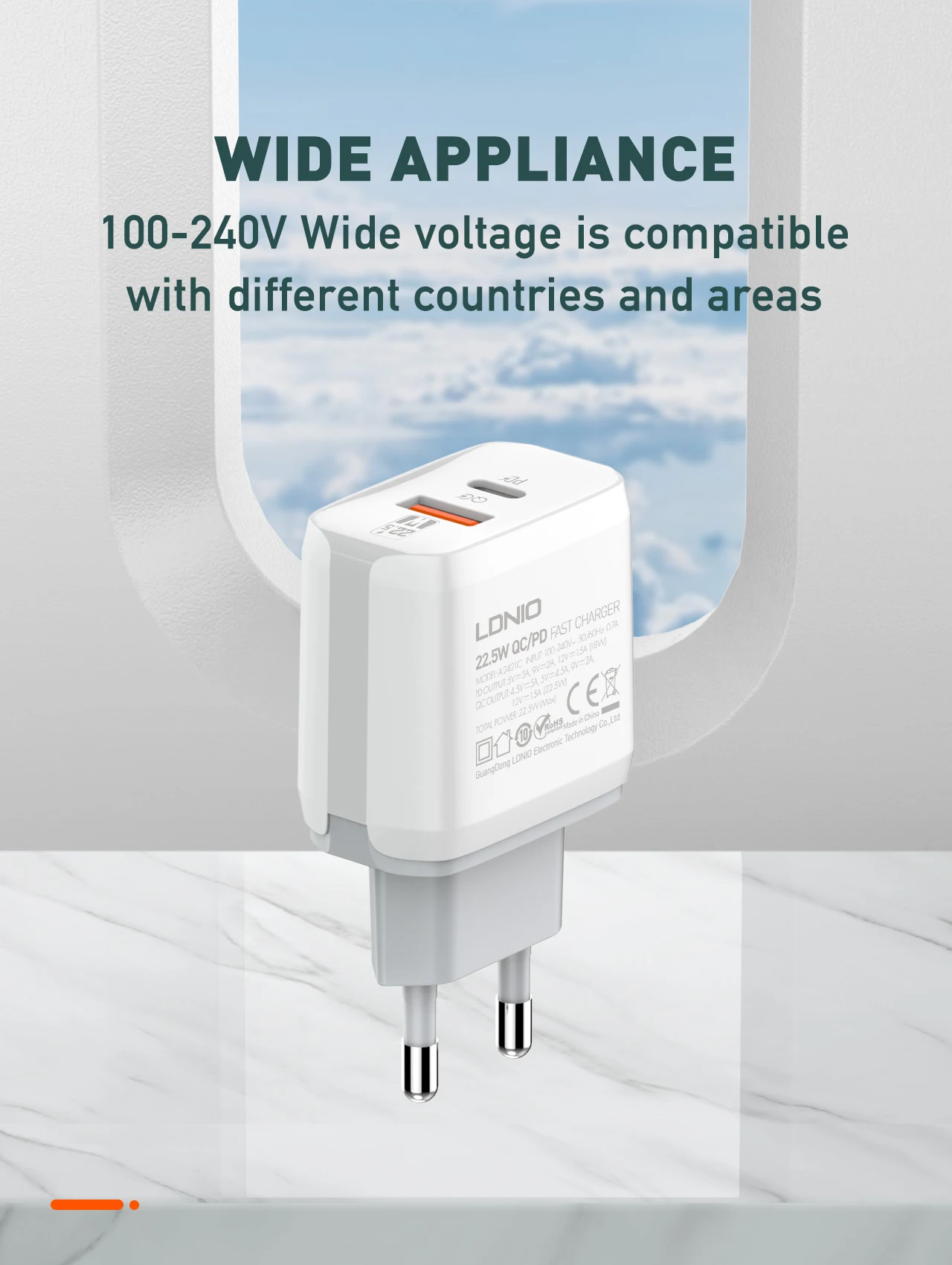 LDNIO A2421C Wholesale 22.5W USB C Portable Sim Fast Charging UK/EU/US Type C Wall Charger