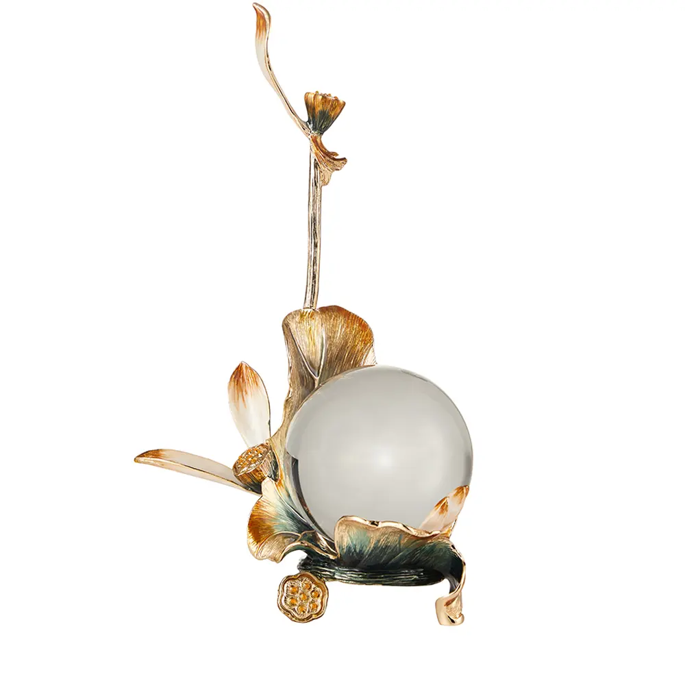 Enamel Alloy Art Gold Leaf Enamel and Crystal Ball Ornament Art Crafts with Gold Metal Leaves Stand