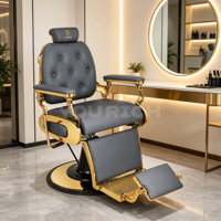 Fauteuil de Barbier Rétro Inclinable avec Base Dorée, Chaise de Salon Hydraulique Robuste, Chaise Ergonomique pour Coiffure, Chaise de Rasage de Luxe