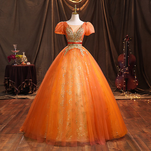 Orange Evening Gown Women Long Skirt Stage Performance Dress Elegant Style Vocal Music Exam Hostess Wear - Product Image 1