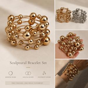 Nouvelle Arrivée Mode Vente en Gros à Prix Abordable Nouveaux Bracelets Chunky Unisexe Élastiques Géométriques Vintage en Alliage d'Or 18 carats et Argent, Style Punk avec Boules - Product Image 6