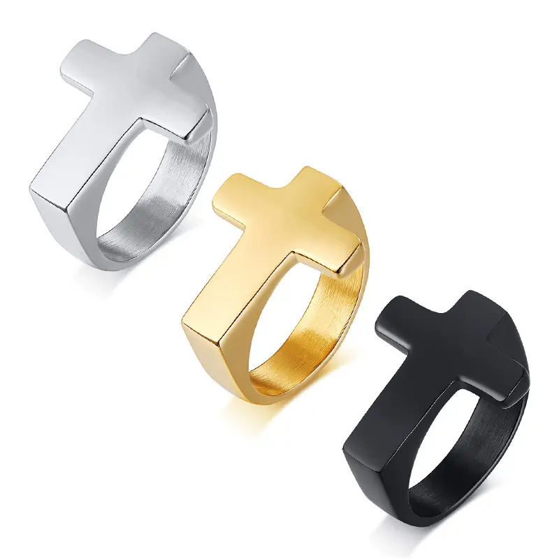 Hochwertiges einzigartiges Design Überquerung Fingerringe poliert Titan 316 Edelstahl IP-Beschichtung Kreuz Herren Schmuck Ring