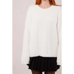 Pull blanc moelleux à coupe ample pour femme, tricot décontracté anti-boulochage à manches longues - Product Image 3