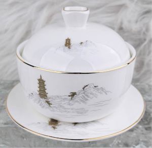 Juego de vajilla chino con impresión de la Pagoda del Lago Oeste, decoración con borde dorado a mano, vajilla de lujo para hotel, banquete de boda, restaurante - Product Image 3