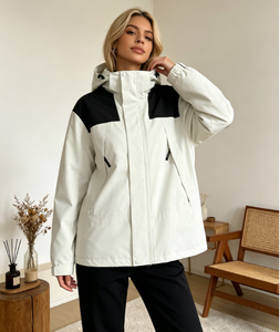 Custom Service Autumn Winter Ivory Color Block Hooded Loose Casual Windproof Commute Daily Outdoor <b>Women</b> <b>Windbreaker</b> Jacket - Product Image 2