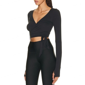 Women's Sports Yoga Tops <b>Black</b> Full <b>Wrapped</b> Bandage Tie Sports Long Sleeve V Neck Yoga Tops and Legging Yoga Sets for Women - Product Image 3