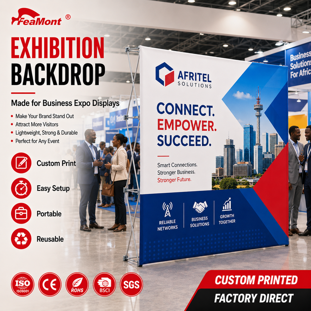 FEAMONT Collapsible Pop up Display Stand for Exhibition Hall Booth Backdrop with Premium Quality Fabric Graphics and Carry Bag