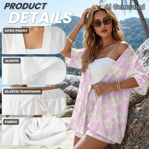 Conjunto de Dos Piezas con Estampado Floral Estilo Hawaiano para <span class=keywords><strong>Mujer</strong></span>, Blusa Transpirable de Manga Corta y Pantalones Cortos con Cordón, Atuendo Casual para la Playa - Product Image 5