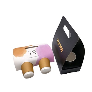 Logo personnalisé jetable à emporter deux porte-gobelets en papier carton pour boisson et café avec poignée - Product Image 1