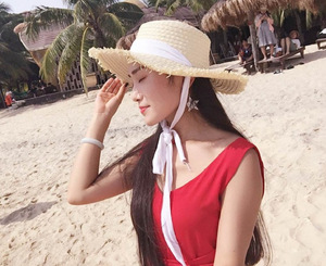 Wholesale Lara Grass <b>Flat</b> Top Large Brim Burlap Straw <b>Hat</b> Lace Breathable Women's Summer Beach Sun <b>Hats</b> - Product Image 6