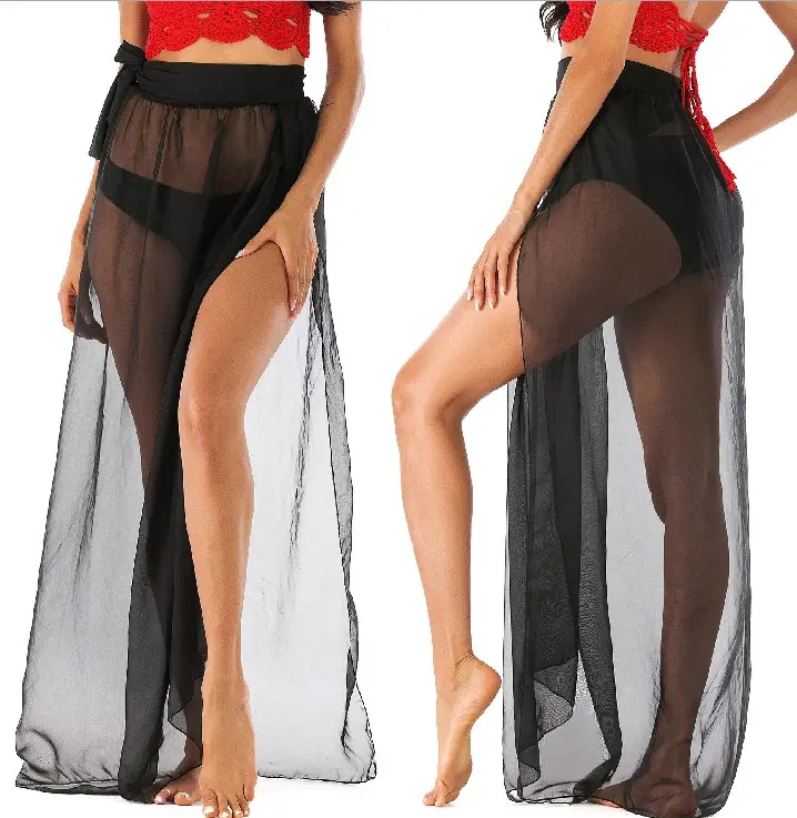 Women Sexy Naked Solid Color Mesh Long Beach Wrap Cover Ups Skirt