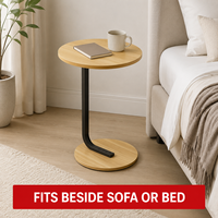Table d'appoint ronde en MDF et métal avec pieds en forme de C, plateau en bois grainé minimaliste pour salon et chambre à coucher
