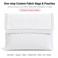Sac à rabat personnalisé en coton blanc avec bordure en dentelle |   Pochette à bijoux de luxe en dentelle de coton, sac anti-poussière, cadeau, OEM, MOQ 100
