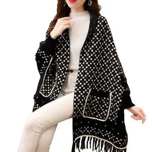 New Luxury mink cashmere pocket Small Lattice tassel scarf winter warm cloak women Poncho shawl