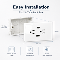 Prise murale USB-C standard américaine 6 ports 10A 20W à charge rapide, panneau en verre trempé blanc, noir, gris pour maison et hôtel