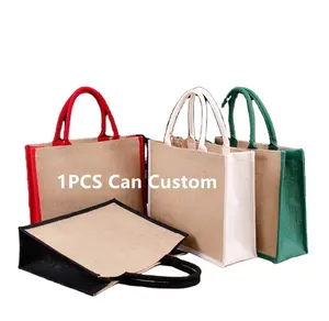 1PCS Can Custom LOGO and Size Reusable Linen Tote Bag Wholesale Eco-friendly Jute Shopping Bag OEM Large Beach Linen Bag