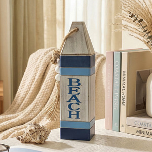 Mediterranean Wooden Buoy Wall Sign Beach Letter <b>Ornament</b> Home Decor Hanging Item Rectangle Blue Vertical Style - Product Image 1