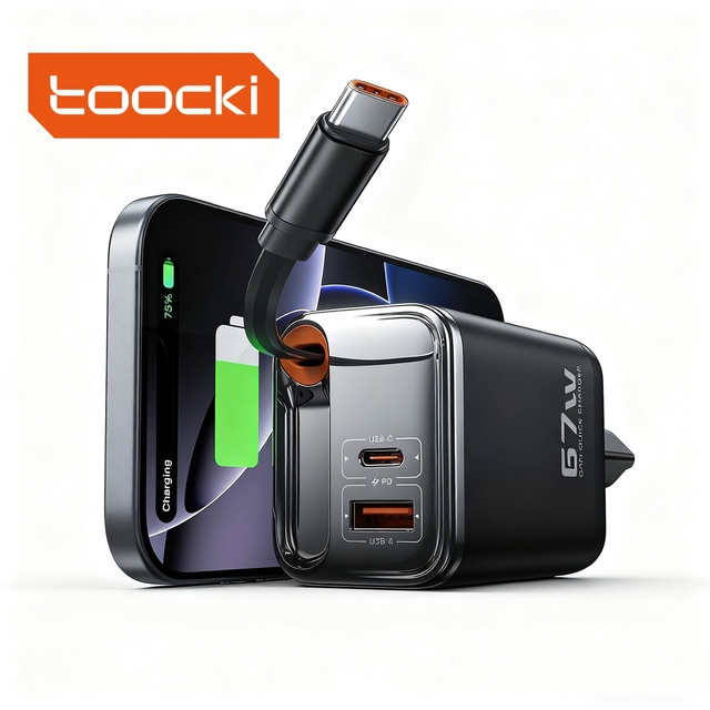 Toocki High-Power 67W Charger 3-In-1 Retractable Cable & Digital Display Multi-Safety Protection for Home Office