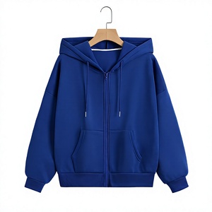 Oversized Crop <b>Zip</b>-Up <b>Hoodie</b> Solid Color Blue Casual Unisex Fleece Streetwear Windproof Sweatshirt <b>Pocket</b> Design Autumn Wear - Product Image 2