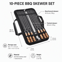 Ensemble de 10 brochettes à kebab en acier inoxydable à double pointe avec manche en bois et étui de rangement pour barbecue en plein air