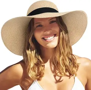 Sombrero de paja para el sol bohemio personalizado, sombrero de verano UPF 50 de ala ancha, sombreros de playa flexibles plegables enrollables para mujer