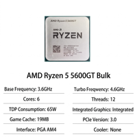 Paquete de 5 Tarjetas Gráficas 5600GT AM4 de 6 Núcleos y 12 Subprocesos, Caché L3, Frecuencia Base de 3.6GHz, Frecuencia Boost de 4.6GHz, Radeon Integrado