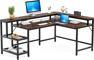 Bureau d'ordinateur d'angle long réversible en forme de L multifonctionnel pour la maison, le bureau, le bureau de direction avec des étagères plates - Product Image 6