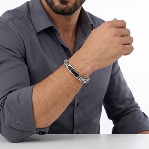 Bracelet en acier inoxydable pour homme, maillons byzantins avec incrustation en fibre de carbone ondulée, hypoallergénique, bijoux pour homme - Product Image 5