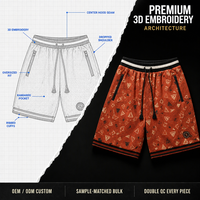 Shorts de sport en maille respirante couleur terre cuite, motif triangle rétro, poches latérales zippées, style streetwear, vente en gros