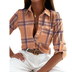 2024 <span class=keywords><strong>Plus</strong></span> <span class=keywords><strong>Size</strong></span> Damen Frühling Herbst Bedruckter Stand knopf Lässig Slim Fit Langarm blusen und Hemden - Product Image 2