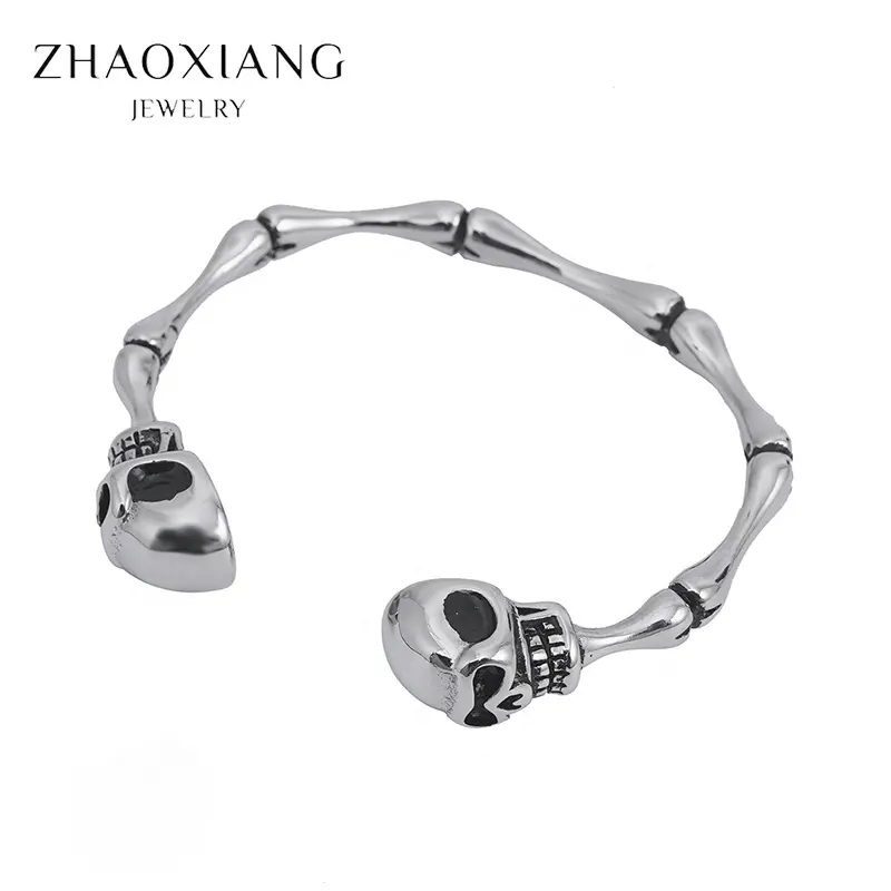 Stainless Steel Skull Head Skeleton Design Cuff Bangles Bracelets For Women Bulk Charms Silver