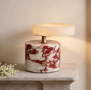 PJX <b>Rechargeable</b> Red Marble Table <b>Lamp</b> Cordless LED Bedside Light Modern Round Shade for Home Hotel - Product Image 1