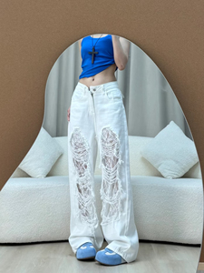 American Vintage Lace Ripped Denim <span class=keywords><strong>Pantalon</strong></span> de vadrouille <span class=keywords><strong>blanc</strong></span> à taille haute et à séchage rapide pour femmes - Product Image 6