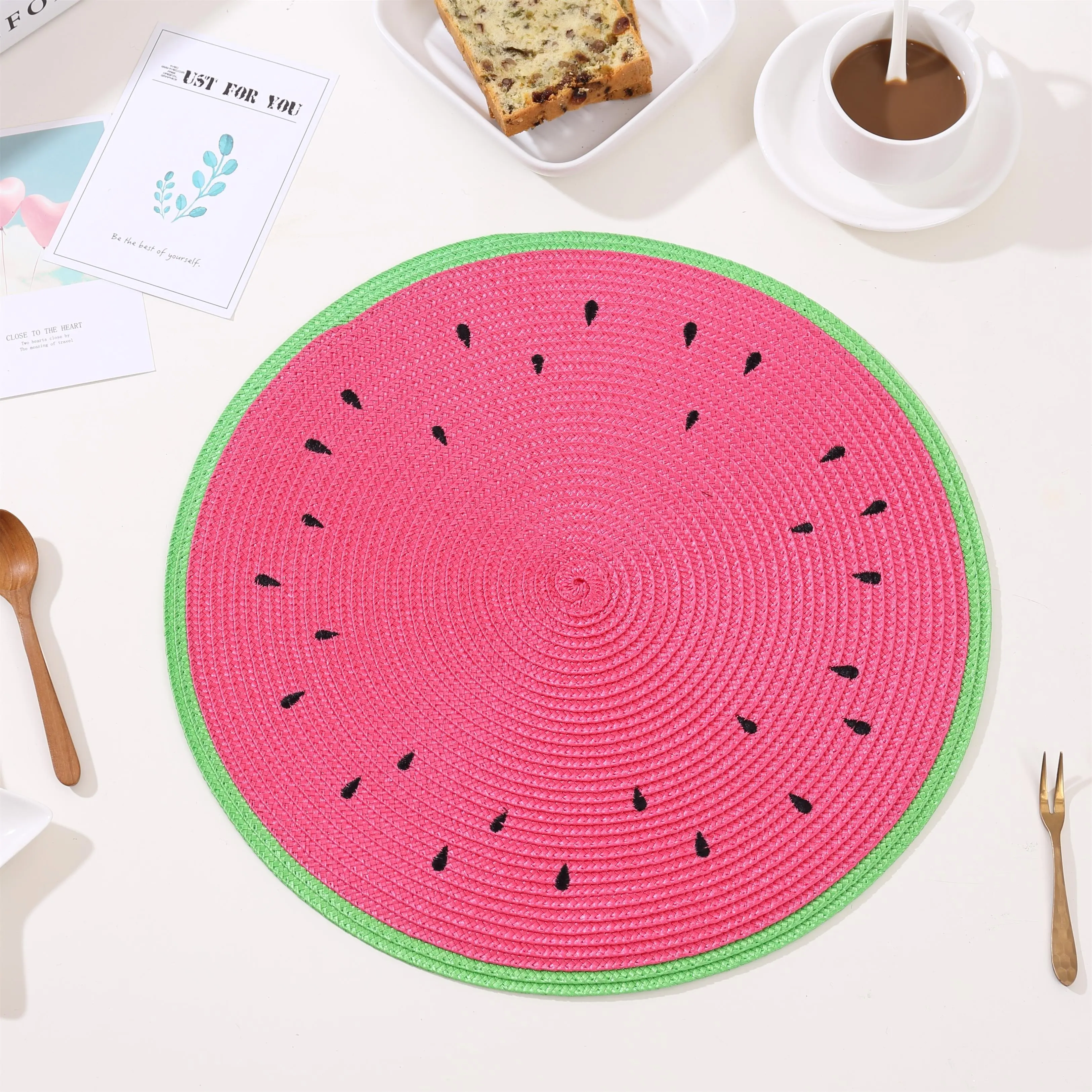 2022 new arrival Tabletex PP material embroidery fruit design washable round woven placemats wholesale