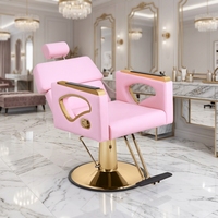 Fauteuil de Barbier Rose Instagrammable à Dossier Haut, Ergonomique, Hauteur Réglable, pour Salon de Coiffure, Luxe, Accoudoirs Dorés, Inclinable Hydraulique 360°
