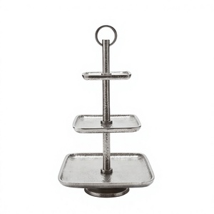 Premium Silver Metal <b>3</b> <b>Tier</b> Square <b>Cake</b> <b>Stand</b> with Ring Handle Pedestal Base Hammered Pastry Cupcake Display Tray - Product Image 1