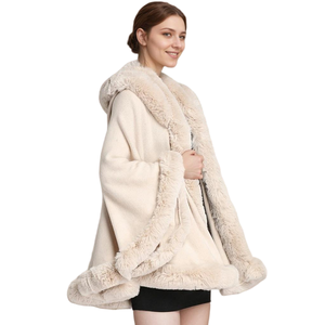 Women Faux Fur Hooded Cloak Flurry Rabbit Fur Trimmed Shawl Open Front Sleeveless <b>Wrap</b> for Traveling Street Walking - Product Image 2